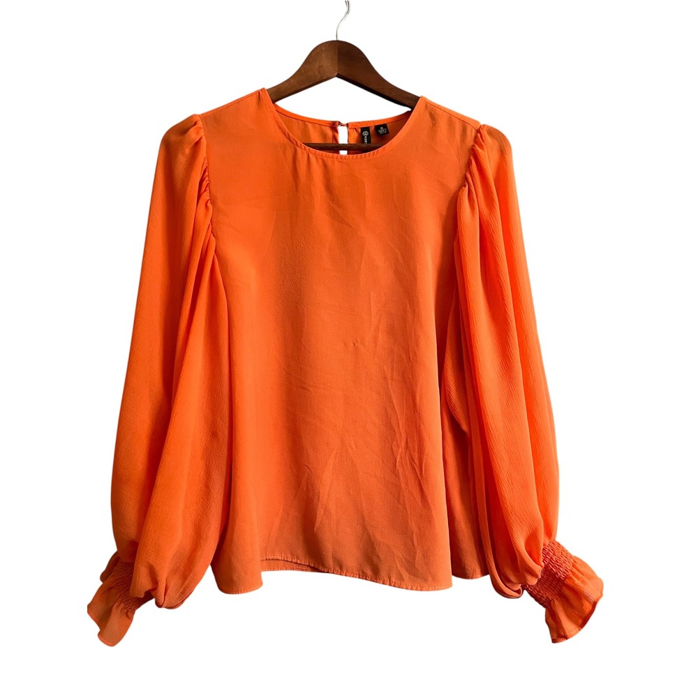 Versona Blouse Women Small Orange Excellent Bishop Sleeve Smocked Ruffle Top